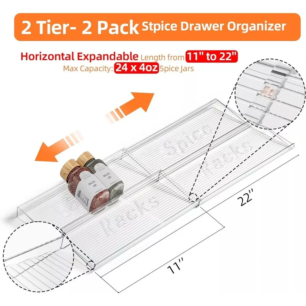 Spice Drawer Organizer, 2 Tier- 2 Pack Clear Acrylic Seasoning
